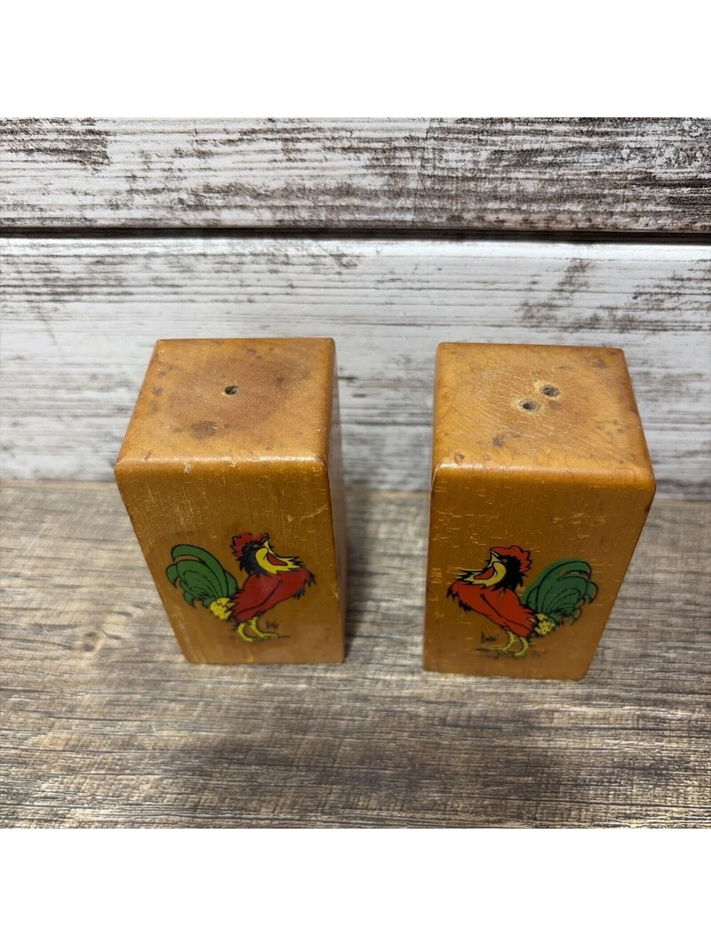 Vintage Wooden Square Rooster Salt and Pepper Shakers